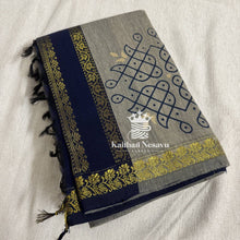 Grey and navy Madhavi kolam hand block print cotton saree with gold zari border