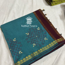 Teal and maroon Madhavi kolam hand block print cotton saree