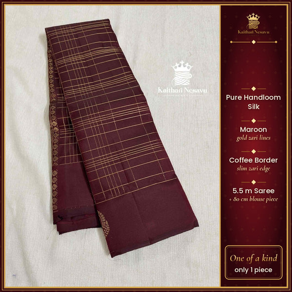 Pure Handloom Silk Saree | Maroon Zari Lines Body | Plain Contrast Border – Kaithari Nesavu