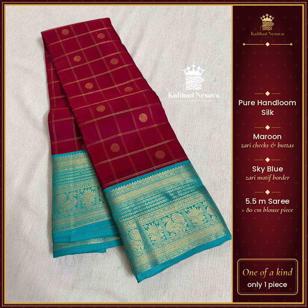 Pure Handloom Silk Saree | Maroon Zari Checks & Butta | Sky Blue Zari Motif Border – Kaithari Nesavu