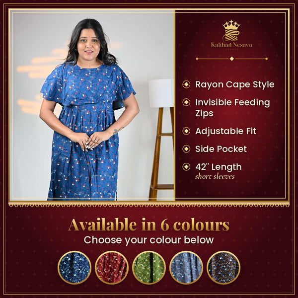 Vineshu Rayon Cape Maternity Dress with Feeding Zips, Adjustable Fit & Side Pocket – available in 6 colours