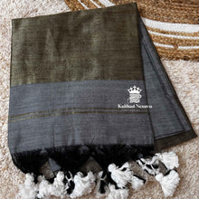 Mookuthi Amman inspired gicha silk saree in elegant grey by Kaithari Nesavu – subtle traditional look with divine charm.