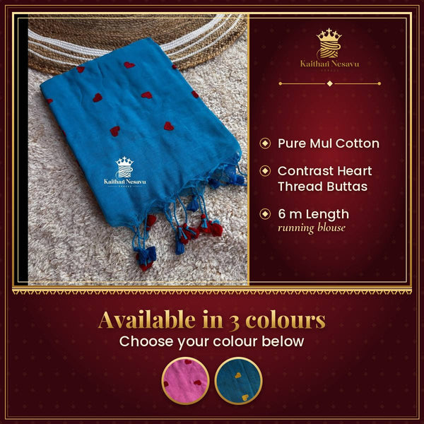 💖 Mul Cotton Elegance: Contrast Heart Thread Butta Sarees 💖 – available in 3 colours