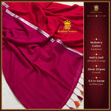 Handwoven Mulberry Cotton Saree – Half & Half Dark Pink & Orange | Silver Stripe Tassels 5.5M – Kaithari Nesavu