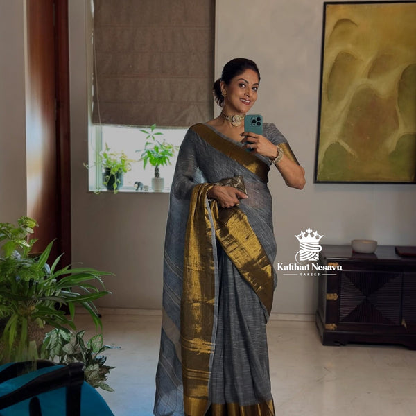 Nadiya Moidu inspired grey linen cotton saree with golden border – front view