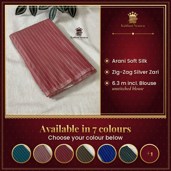 Navratri Special Zig Zag Arani Soft Silk Saree with Silver Zari – available in 7 colours