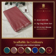 Navratri Special Zig Zag Arani Soft Silk Saree with Silver Zari – available in 7 colours