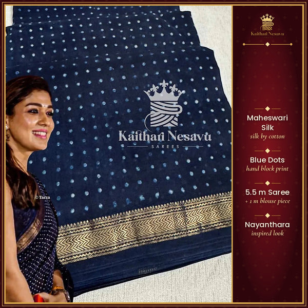 Nayanthra mam – Blue dots Maheswari silk Saree – Kaithari Nesavu