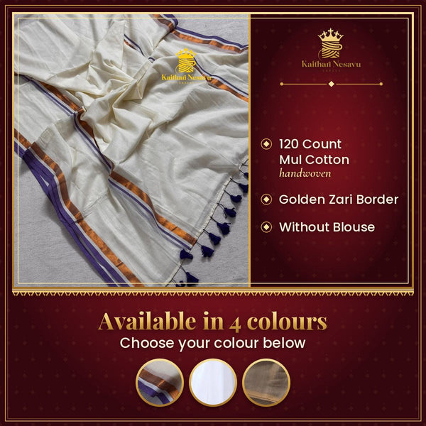 Onam Kerala Special 120 Count Mul Cotton Saree – available in 4 colours