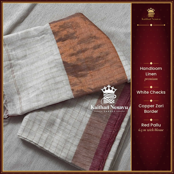 Onam Special White Checked Linen Saree with Copper Zari Border & Red Pallu – Kaithari Nesavu
