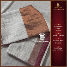 Onam Special White Checked Linen Saree with Copper Zari Border & Red Pallu – Kaithari Nesavu