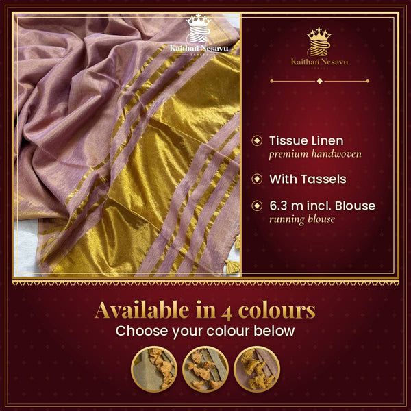 Onam Special Premium Tissue Linen Saree with Running Blouse & Tassels – available in 4 colours