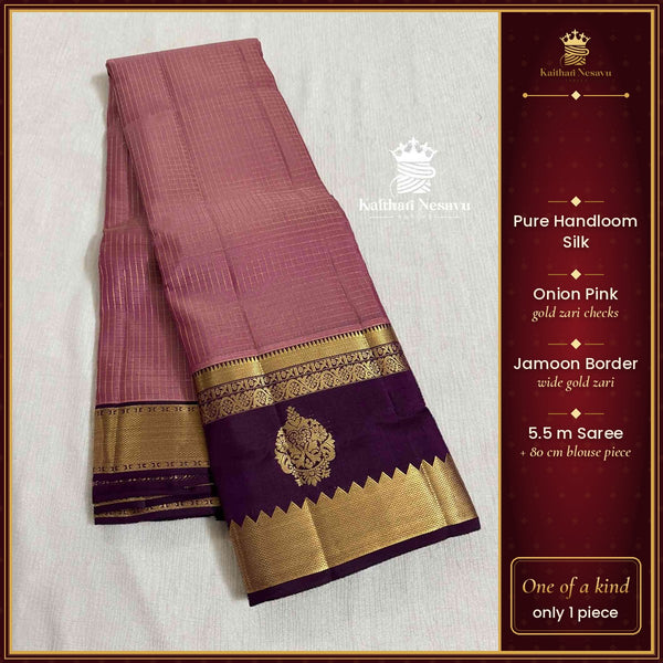 Pure Handloom Silk Saree | Onion Pink Zari Checks | Jamoon Gold Zari Border – Kaithari Nesavu