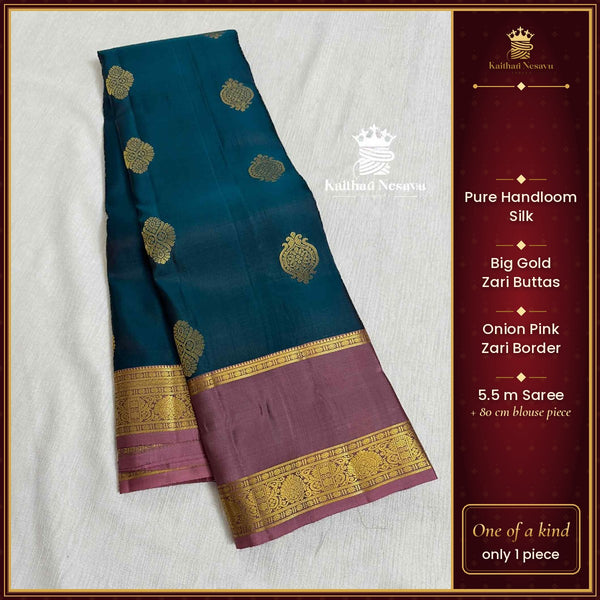 Pure Handloom Silk Saree | Peacock Blue Big Zari Butta | Onion Pink Zari Border – Kaithari Nesavu