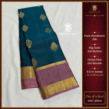 Pure Handloom Silk Saree | Peacock Blue Big Zari Butta | Onion Pink Zari Border – Kaithari Nesavu