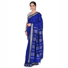 Elegant pallu view of Pepsi blue saree with Kolam motifs