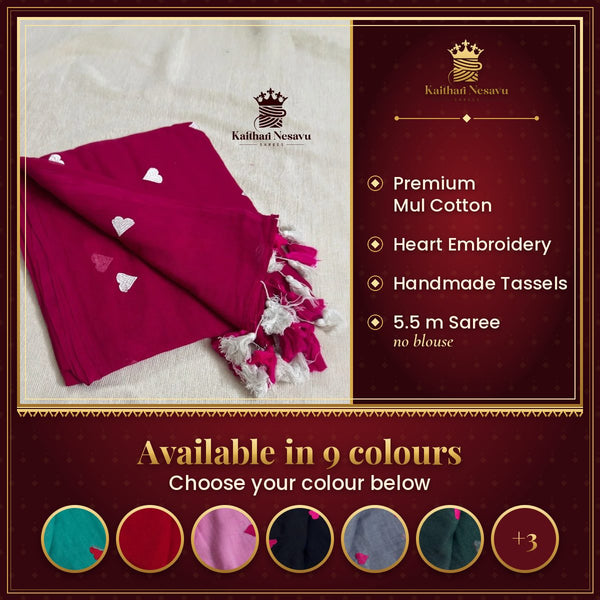 Premium Mul Cotton Saree with Heart Embroidery – Dual Pink Shade – available in 9 colours