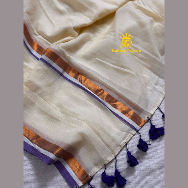 Premium mul cotton saree in white with purple border – soft handloom style