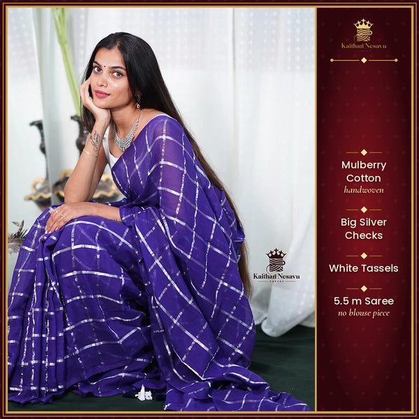 Premium Mulberry Cotton Blue Saree with Big Silver Checks & White Tassels – Kaithari Nesavu