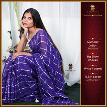 Premium Mulberry Cotton Blue Saree with Big Silver Checks & White Tassels – Kaithari Nesavu