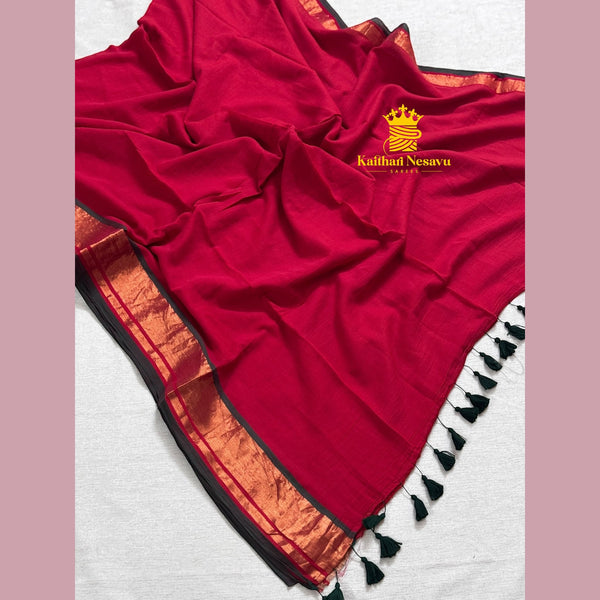 Premium red mul cotton saree with copper border – elegant handwoven drape