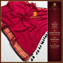 Premium Red Mul Cotton Saree with Copper Border, Green Detailing & Tassels – Without Blouse – Kaithari Nesavu