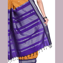 Purple saree with white patterns and a yellow blouse on a plain background