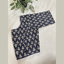 Navy blue handloom cotton blouse with traditional white and red ikat pattern