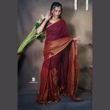 Pure Mul Cotton Half and Half Saree – Plain & Golden Stripe | Light Weight | No Blouse | Handloom Look
