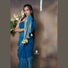Pure Mul Cotton Half and Half Saree – Plain & Golden Stripe | Light Weight | No Blouse | Handloom Look