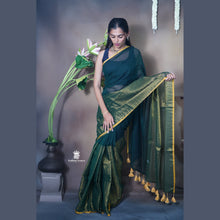 Pure Mul Cotton Half and Half Saree – Plain & Golden Stripe | Light Weight | No Blouse | Handloom Look
