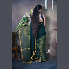 Pure Mul Cotton Half and Half Saree – Plain & Golden Stripe | Light Weight | No Blouse | Handloom Look