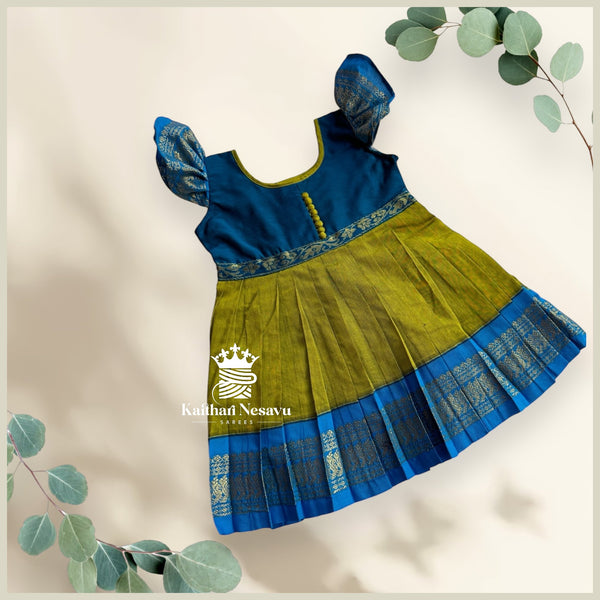 Premium Semi-Handloom Cotton Kids Frock – Contrast Designer New Year & Pongal