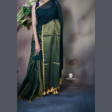 Pure Mul Cotton Half and Half Saree – Plain & Golden Stripe | Light Weight | No Blouse | Handloom Look