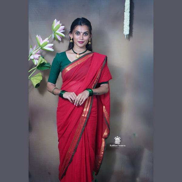 Premium Red Mul Cotton Saree with Copper Border, Green Detailing & Tassels – Without Blouse