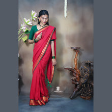 Premium Red Mul Cotton Saree with Copper Border, Green Detailing & Tassels – Without Blouse