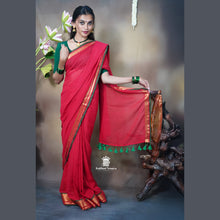 Premium Red Mul Cotton Saree with Copper Border, Green Detailing & Tassels – Without Blouse