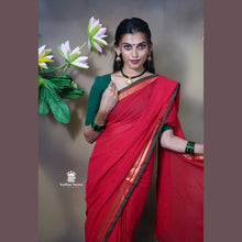 Premium Red Mul Cotton Saree with Copper Border, Green Detailing & Tassels – Without Blouse
