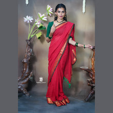 Premium Red Mul Cotton Saree with Copper Border, Green Detailing & Tassels – Without Blouse