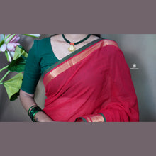 Premium Red Mul Cotton Saree with Copper Border, Green Detailing & Tassels – Without Blouse