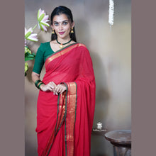 Premium Red Mul Cotton Saree with Copper Border, Green Detailing & Tassels – Without Blouse