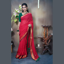 Premium Red Mul Cotton Saree with Copper Border, Green Detailing & Tassels – Without Blouse