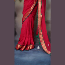 Premium Red Mul Cotton Saree with Copper Border, Green Detailing & Tassels – Without Blouse