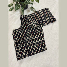 Black handloom cotton blouse with geometric beige and maroon patterns on light fabric