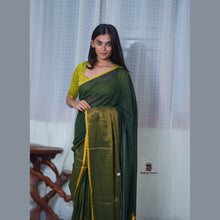 Pure Mul Cotton Half and Half Saree – Plain & Golden Stripe | Light Weight | No Blouse | Handloom Look