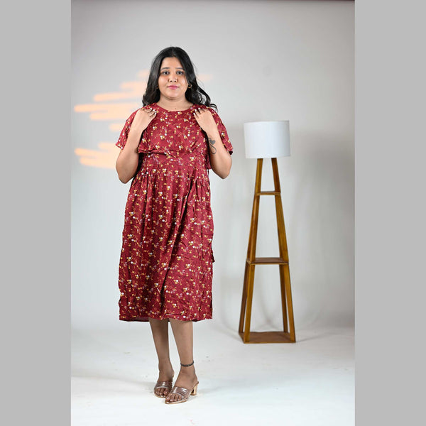 Vineshu Rayon Cape Maternity Dress with Feeding Zips, Adjustable Fit & Side Pocket