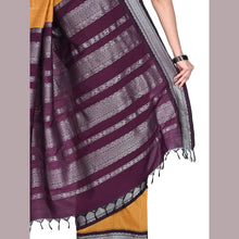 Purple and gray striped fabric with yellow border on a plain background