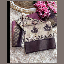 Premium Tussar Silk Semi Ghicha Digital Printed Sarees with Leaf Design