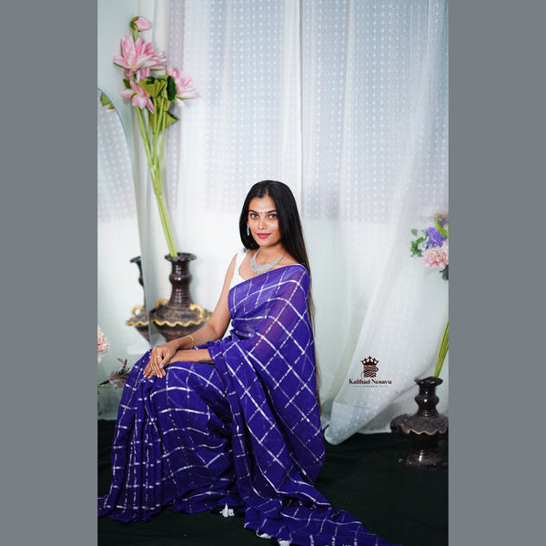 Premium Mulberry Cotton Blue Saree with Big Silver Checks & White Tassels