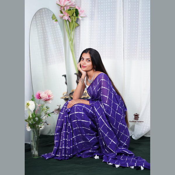 Premium Mulberry Cotton Blue Saree with Big Silver Checks & White Tassels